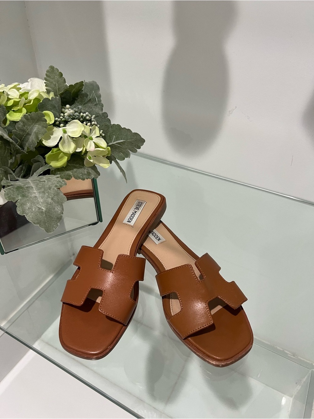 Steve Madden Tan Brown Cutout Leather Slide Mules